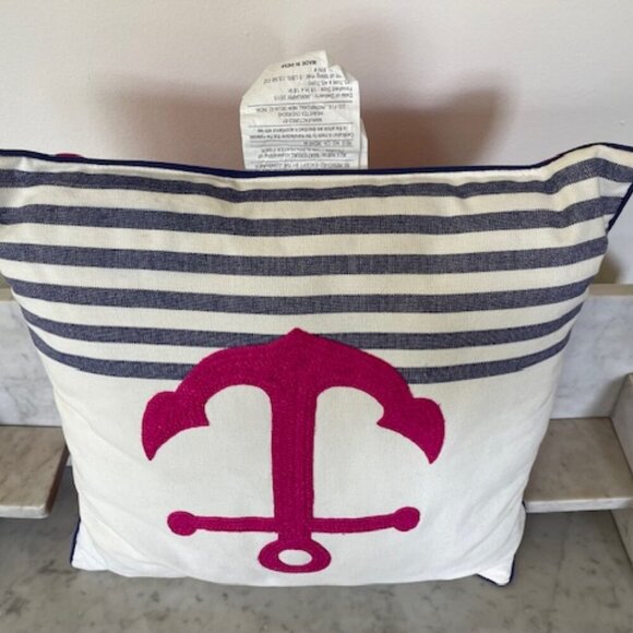THRESHOLD Pink Embroidered Anchor White Blue Stripe Toss Pillow - Picture 9 of 15